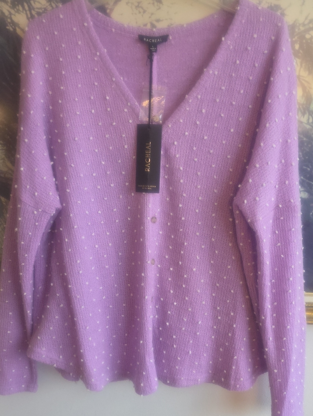 Rachel Lavender V-Neck Dot Knit Cardigan
